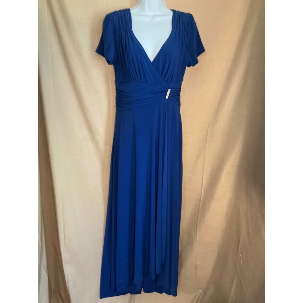 Anny Lee Maxi Gown Womens Large Blue Excellent Rhinestone Accent Short Sleeve